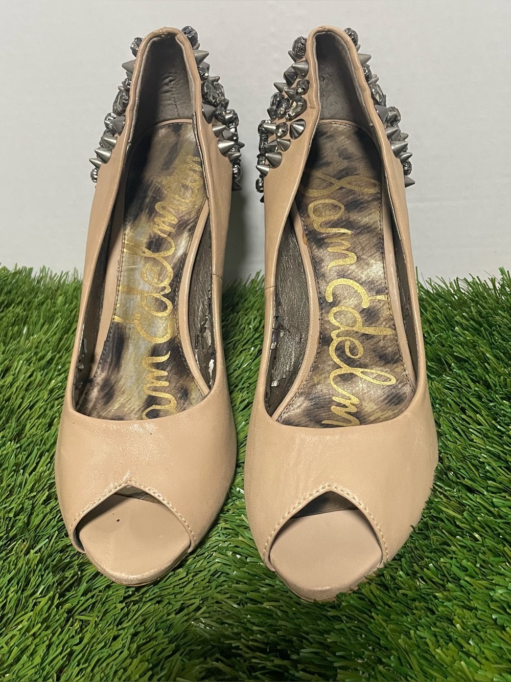 Sam Edelman Nude/Taupe Peep-Toe Pumps with Silver Stud Heel